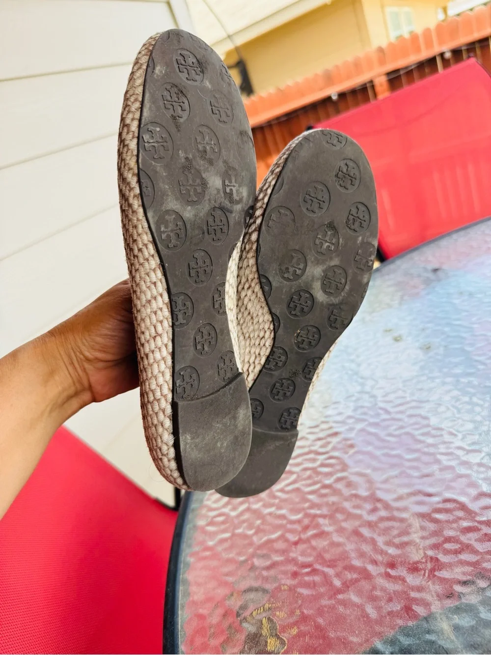 Tory Burch Beige Woven Reva Ballet Flats with Gold Logo